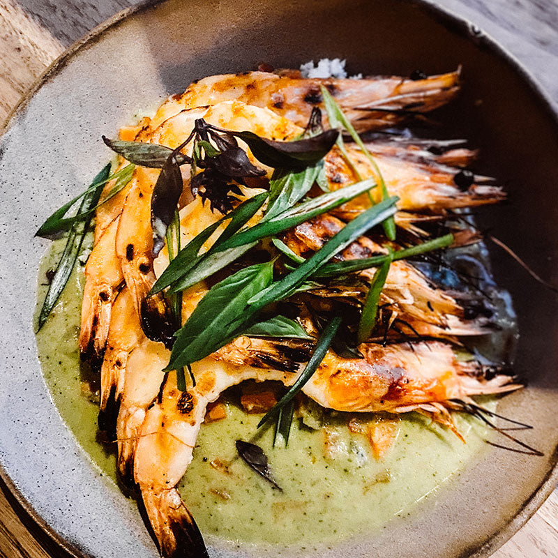 Grilled Prawns with Cauliflower Rice and Green Coconut Curry