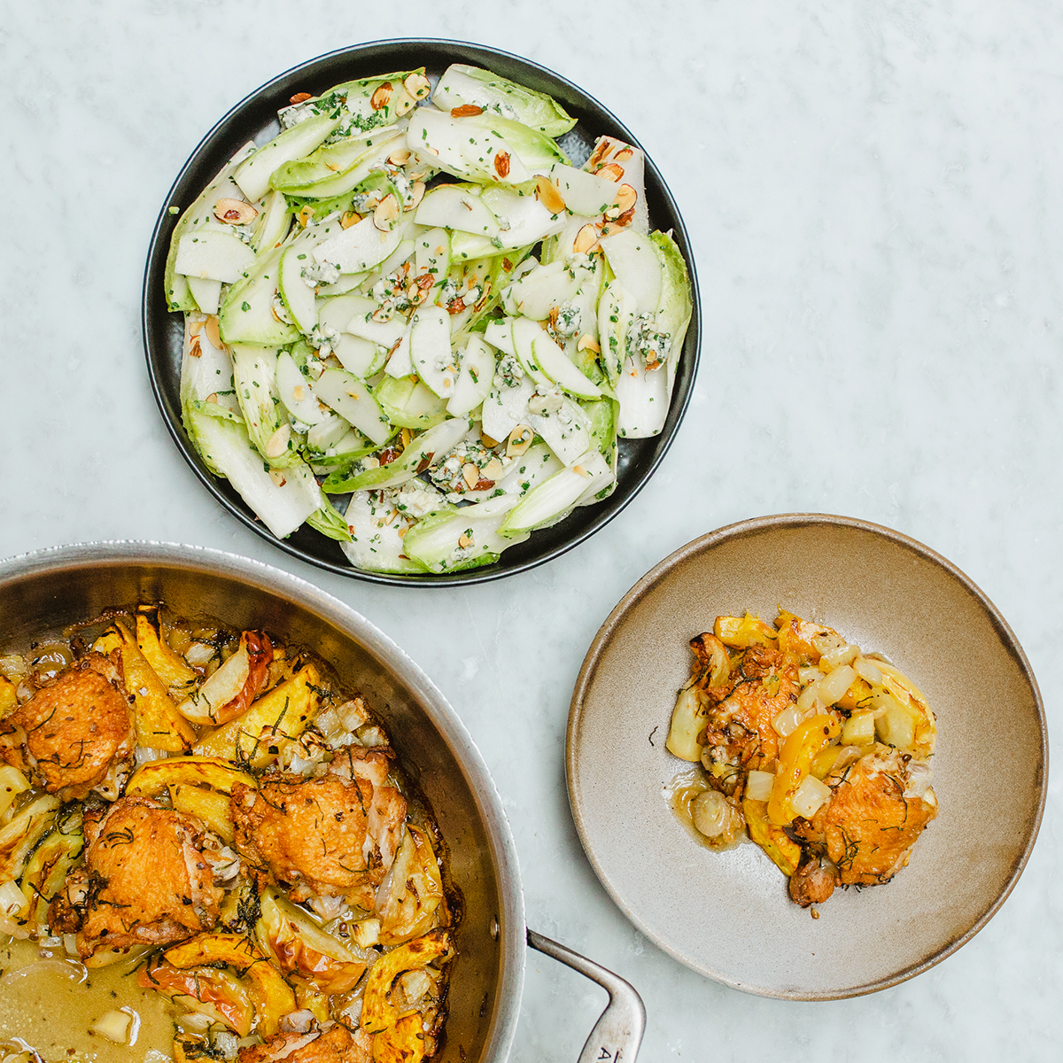 Crispy Chicken Thighs with Roasted Fall Vegetables and Endive Salad