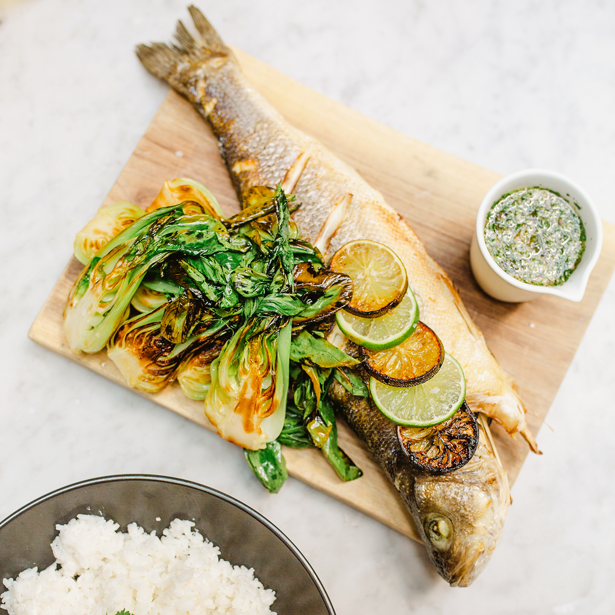 Whole Baked Sea Bass with Lemongrass, Bok Choy, and Coconut Rice