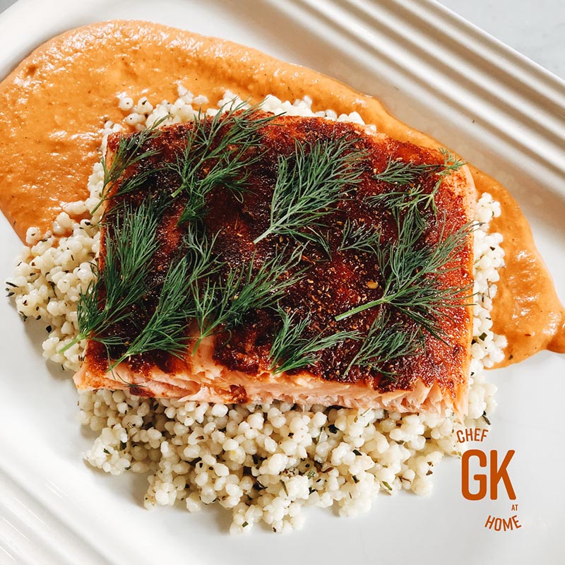 Spice Crusted Salmon with Couscous &amp; Romesco